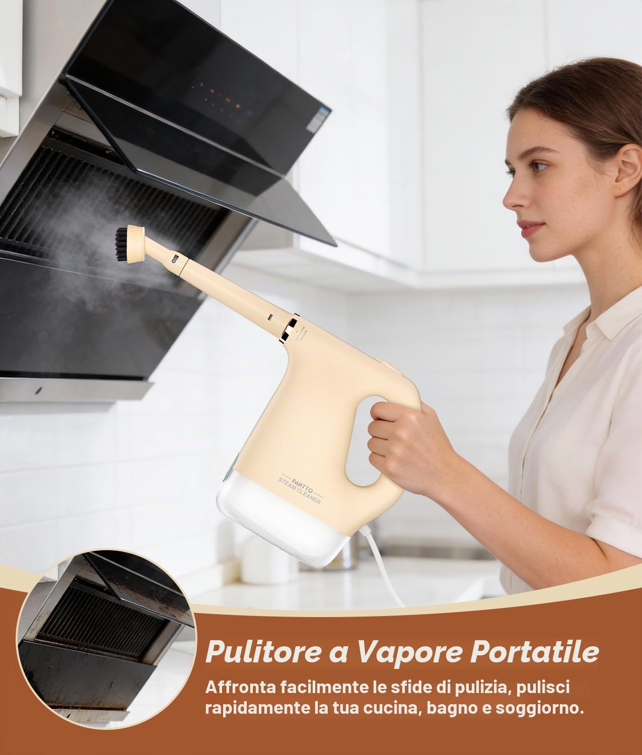 PAHTTO 1200 W Pulitore a vapore manuale, riscaldamento rapido in 20 secondi Pulitore a vapore manuale con serbatoio trasparente da 450 ml e 16 accessori, per cucina, bagno, divani, tappeti