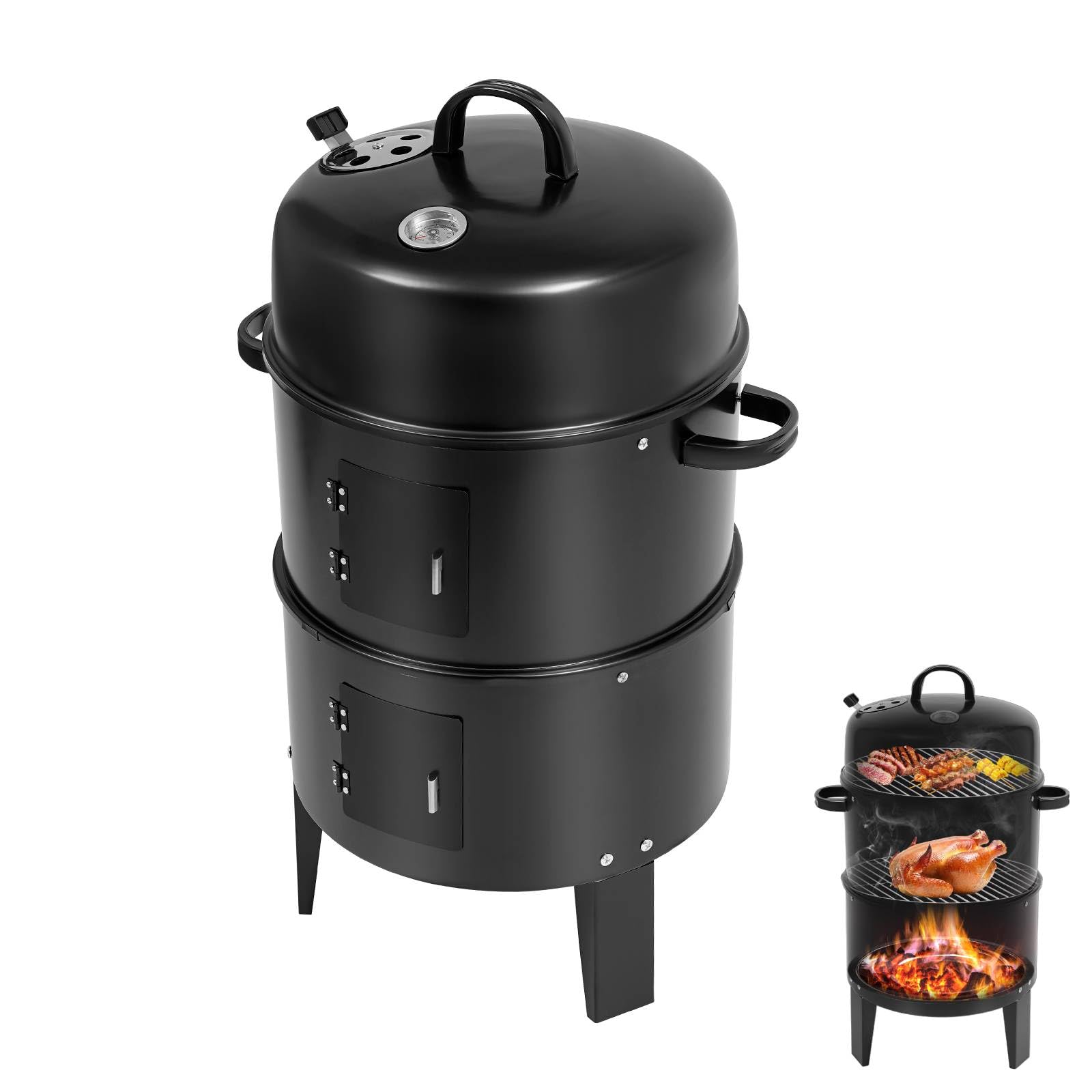 Barbecue Affumicatore 3 in 1 A Carbone con Prese Daria Regolabili, Griglie Cromate, Barbecue Verticale da Esterno per Cucinare E Grigliare in Giardino, in Campeggio.