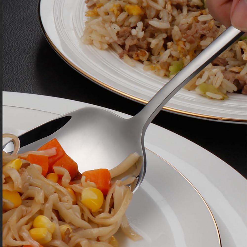 2 cucharas de sopa grandes de acero inoxidable, diseño de cabeza cuadrada plateada, cucharas de servir albóndigas, ramen, helado, postre, mango largo, cuchara de sopa grande para restaurante, vajilla,