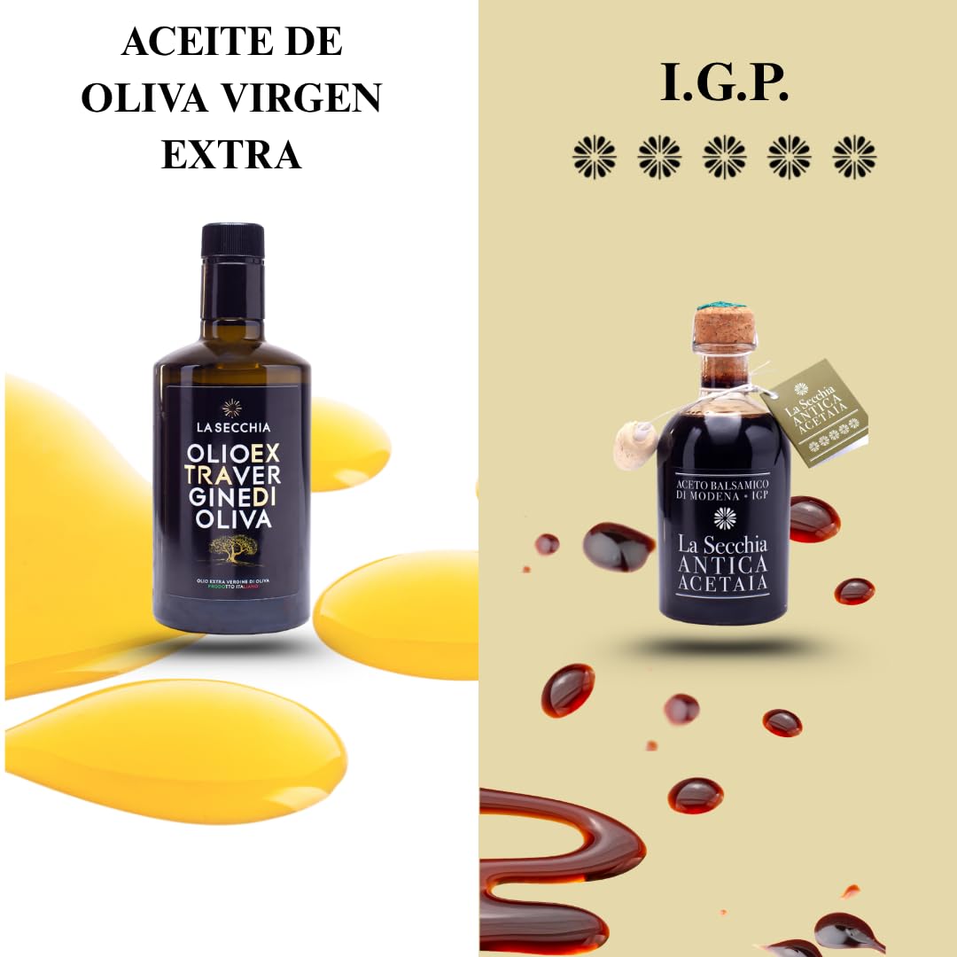 La Secchia - Cesta gastronómica artesanal, aceite de oliva virgen extra, vinagre balsámico de Módena IGP 5 Estrellas, set gourmet, productos italianos artesanales