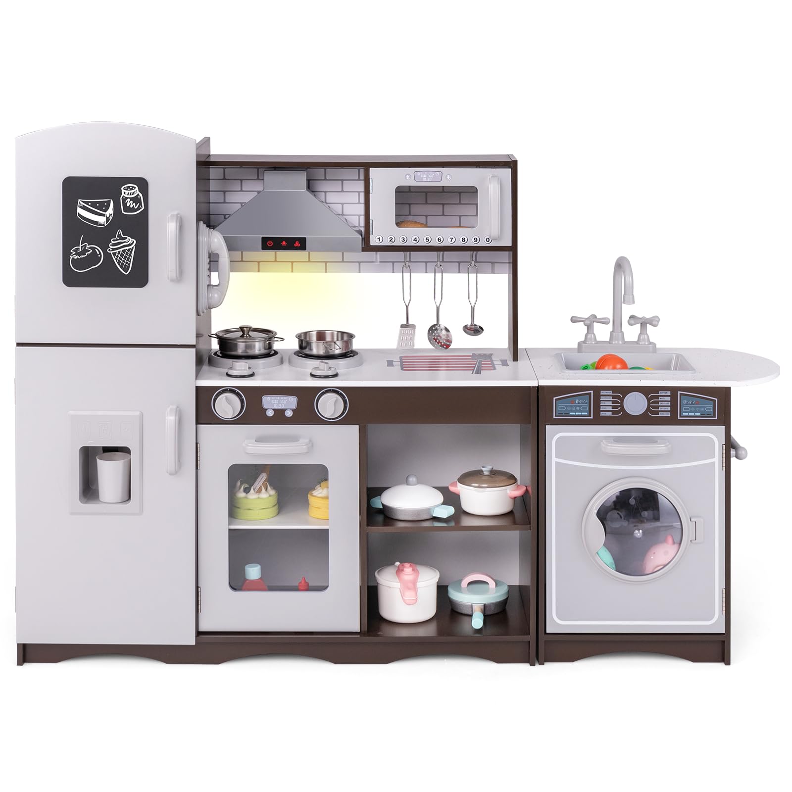 Kids Play Kitchen, 2 in 1 Modular Wooden Pretend Play Kitchen with Light, Sound, Ice Maker, Washing Machine, Chalkboard, Phone, Sink, Stove, Rangehood, Cookware, Chef Role Kitchenh Playset for 3+