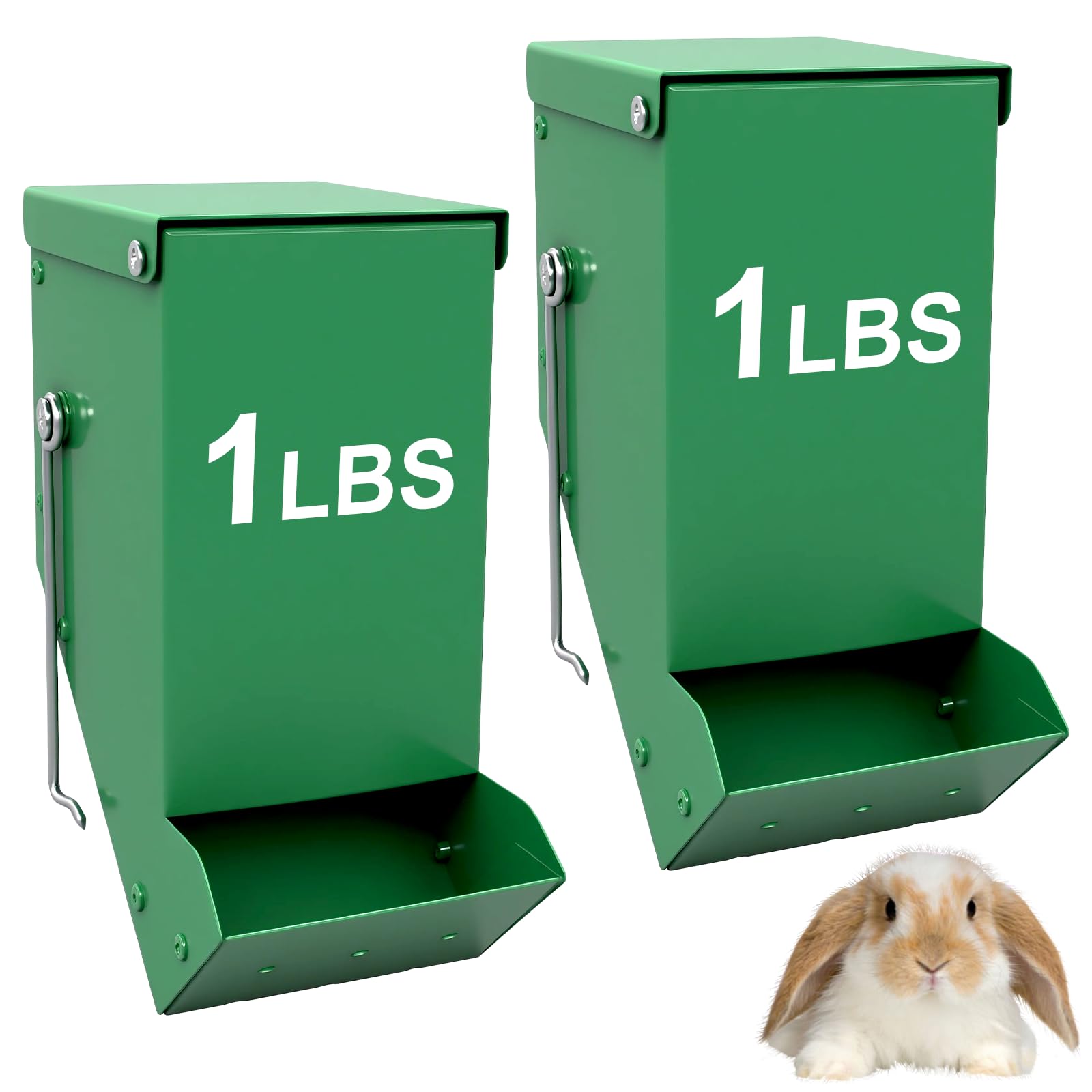 2 Packs Hay Feeder Rabbit, Metal Small Animal Feeder with Lid & Mesh Bottom, 3.1 Inch 1 LBS Capacity, Gravity Food Dispenser for Guinea Pigs Chinchillas, Cage or Outdoor Use, Green