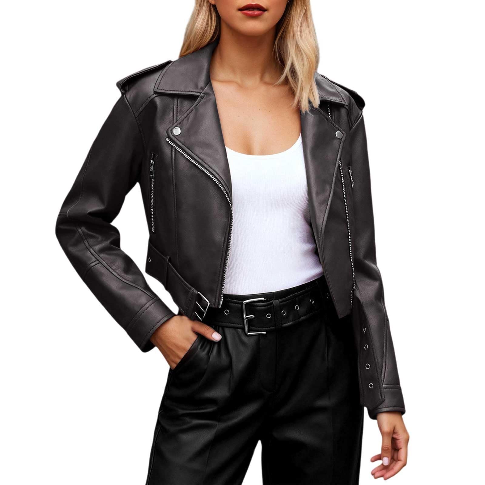 Generisch Giacca da donna in pelle con collo a risvolto, in ecopelle, morbida, casual, per le mezze stagioni, stile retrò, casual, sottile