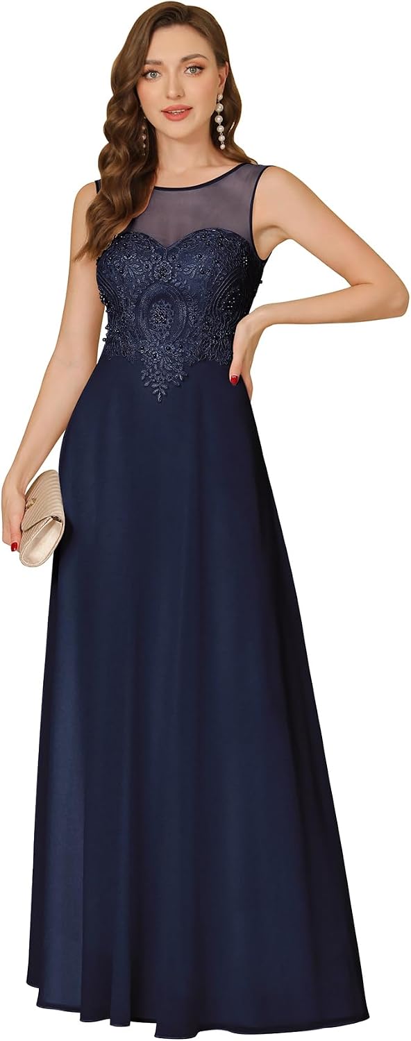 Women's Crew Neck Bridesmaid Dresses Sleeveless Lace Appliques Beaded Chiffon Long Formal Dress