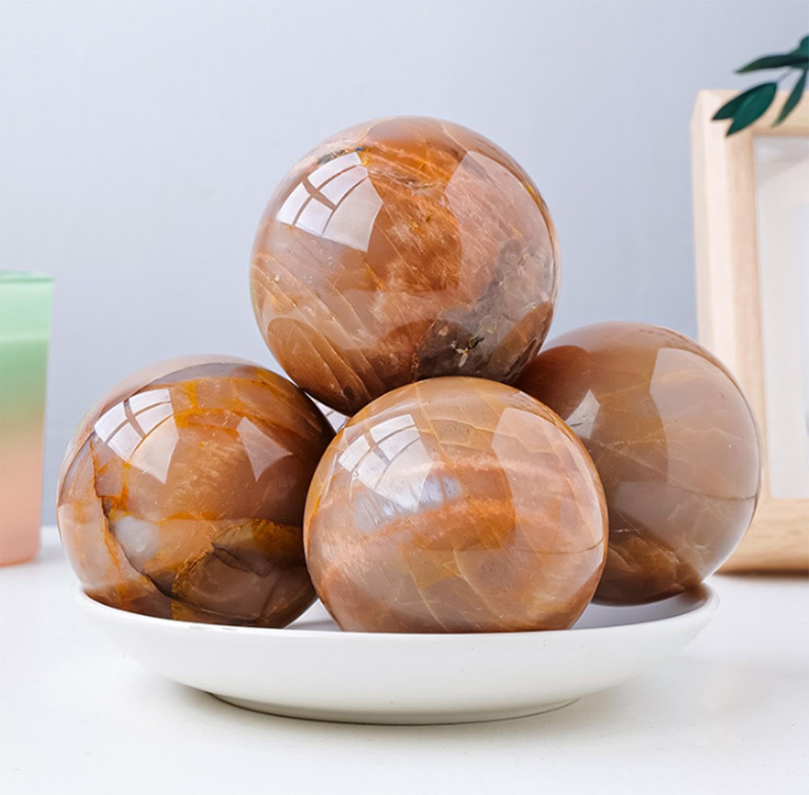 Bola de Piedra Lunar Naranja, Bola de Cristal Natural, Bola de Adivinación Pulida, Esfera de Cristal Curativa, Bola Decorativa, Decoración de Habitación de Meditación Reiki Chakra,55-60mm