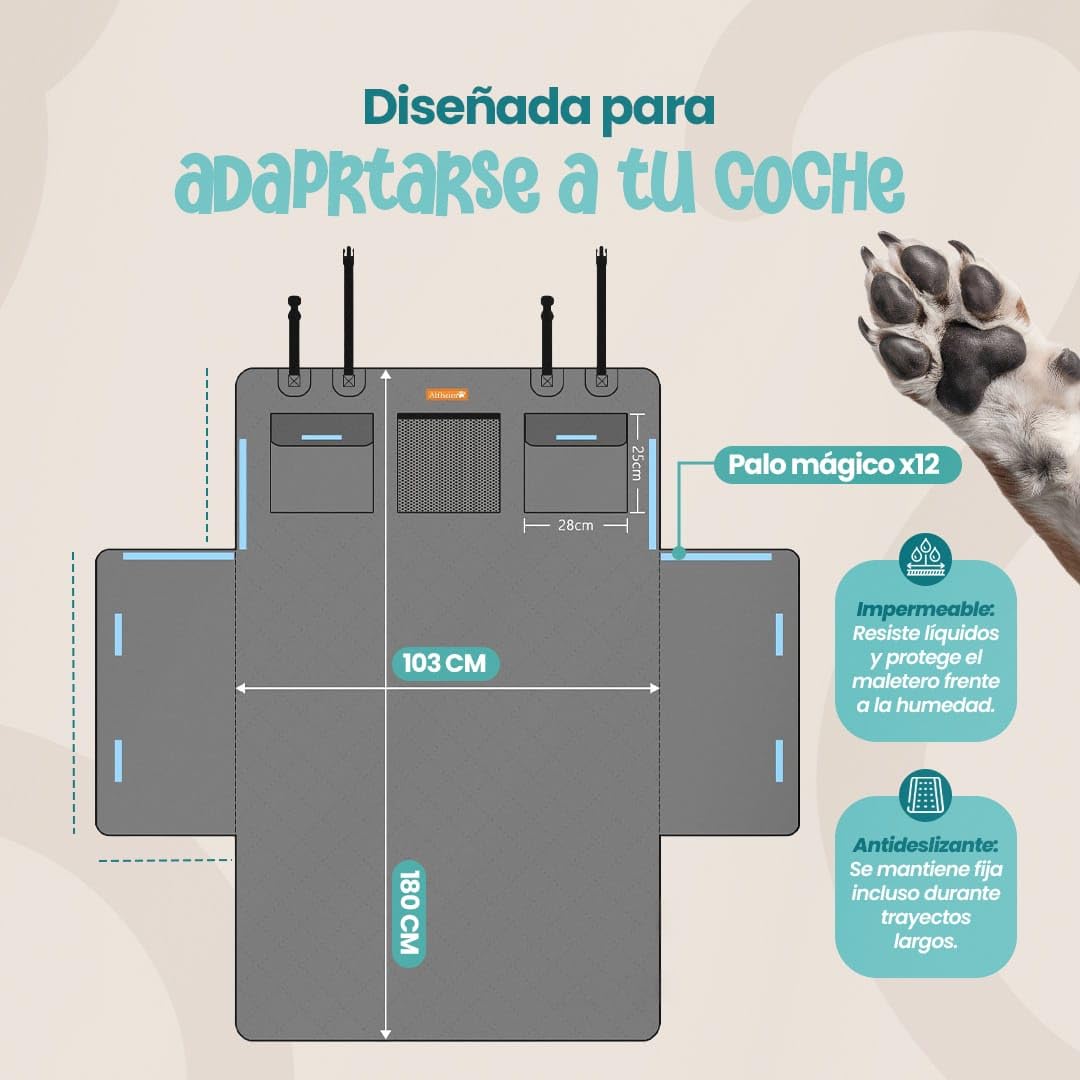 Funda Coche Perro - Protector Perros Maletero - Funda Perro para Coche Impermeable, Antideslizante, Lavable, Protector Universal Color Negro - Incluye Rodillo Quita Pelos y Juguete