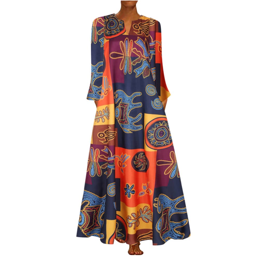 UseagreyAfrican Print Maxi Dresses for Women Fall Long Sleeve Vintage Plus Size Bohemian V Neck Maxi Long Dress