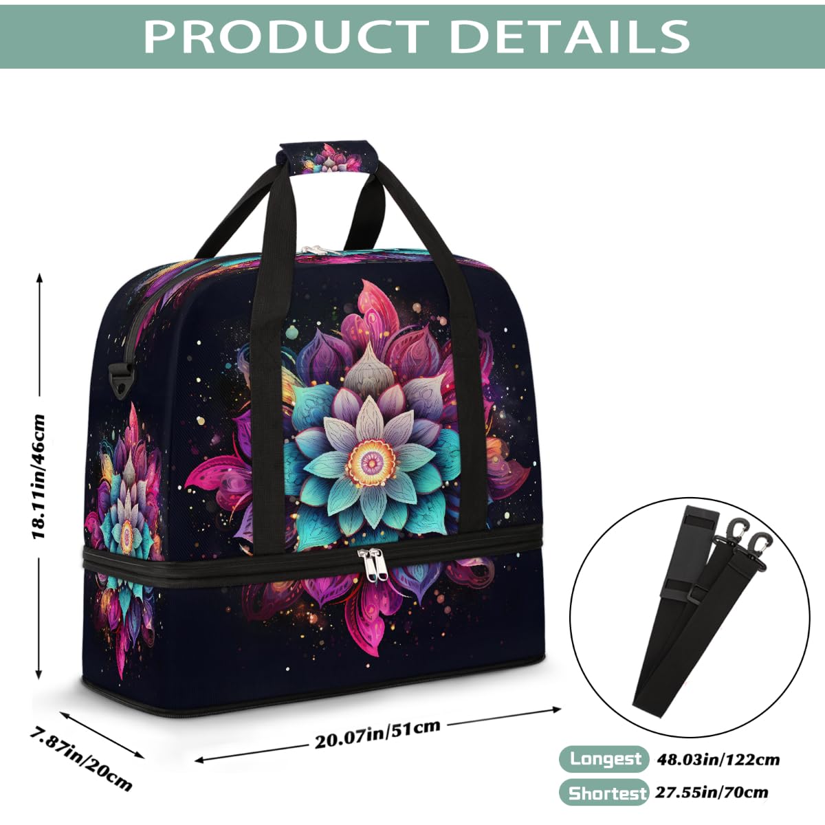 Borsone da viaggio pieghevole con motivo mandala etnico galassia, borsa da palestra espandibile con scomparto per scarpe, grande capacità, borsa da weekender, per viaggi, sport, viaggi notturni