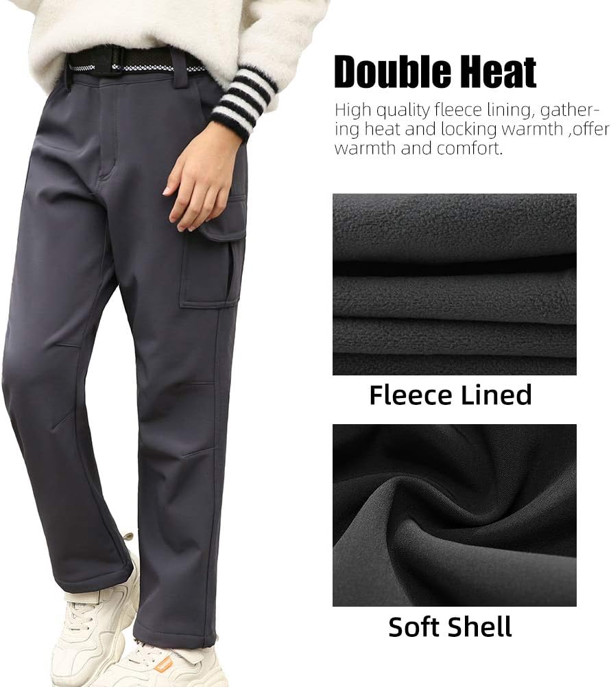 JOMLUN Boy's Fleece Lined Hiking Pants Waterproof Windproof Warm Soft Shell Outdoor Cargo Pants Snow Ski Walking Trousers - Image 3