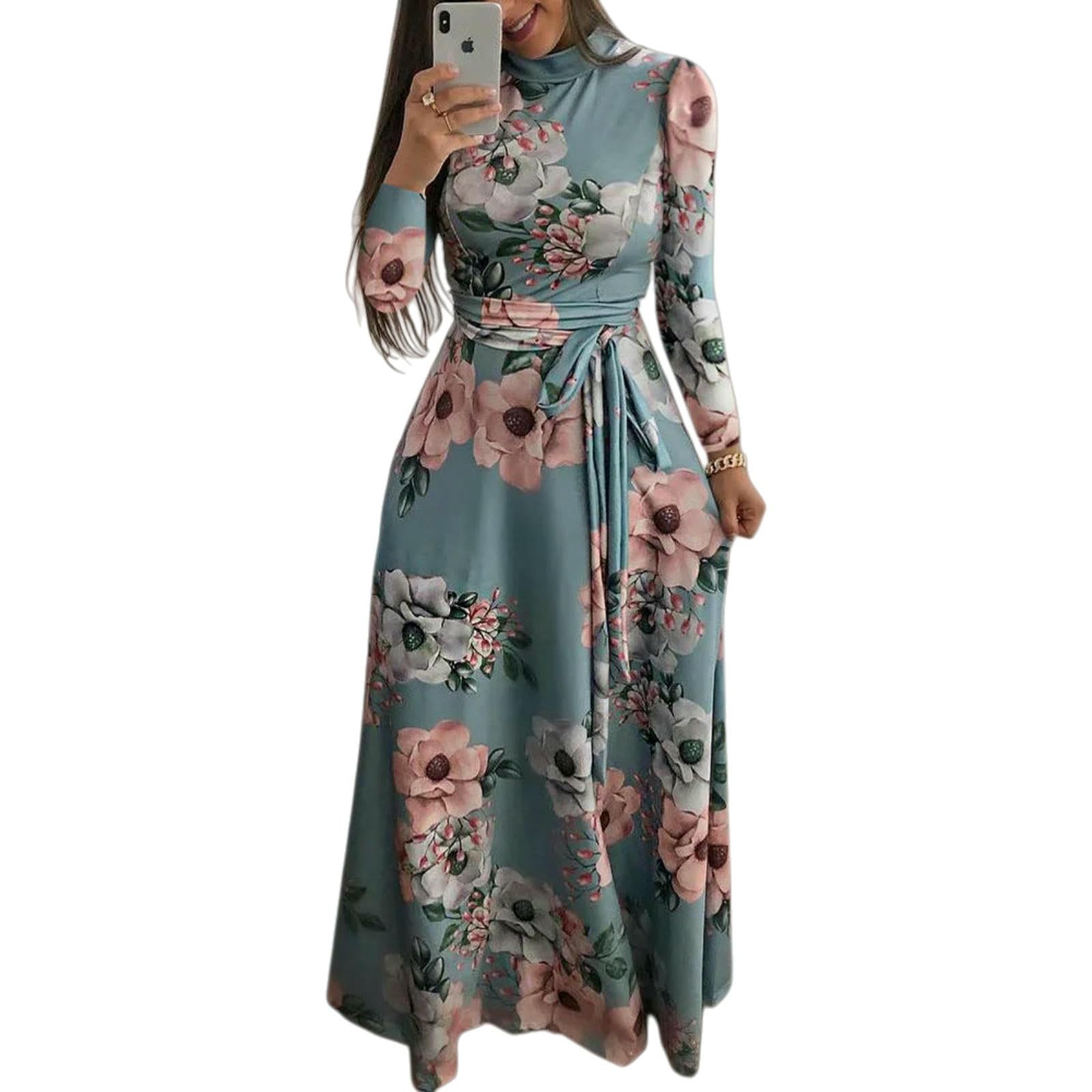 Vestito Abito Maxi A Maniche Lunghe Collo Alto, Stile Blu A-Line con Cravatta in Vita, Elegante Outfit per Festa Estiva-Dark Blue-XL