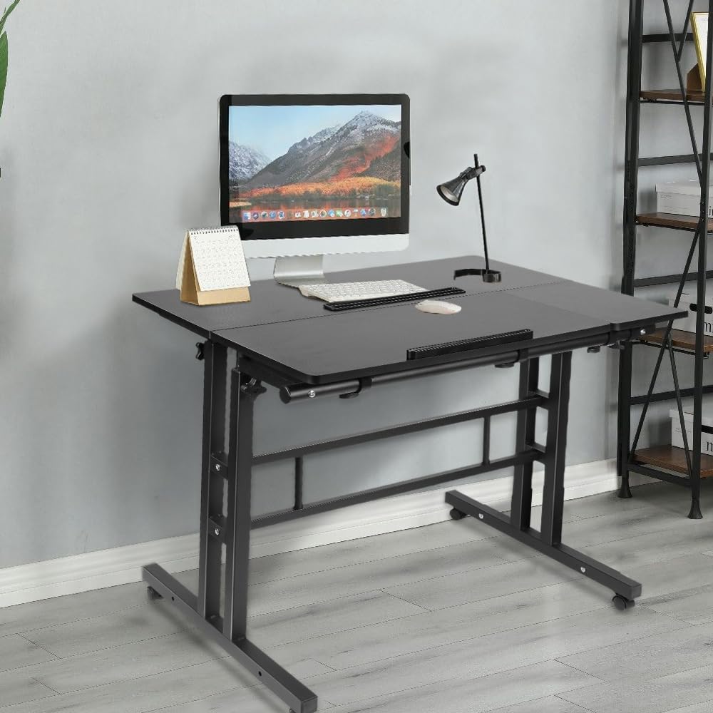 homewell Tisch Computertisch mit 4 Rollen, Steh-Sitz Bürotisch, Tischplatte Neigbar, Stehpult Schreibtisch Höhenverstellbar, PC Tisch Klein für Home Office, 80 x 60cm