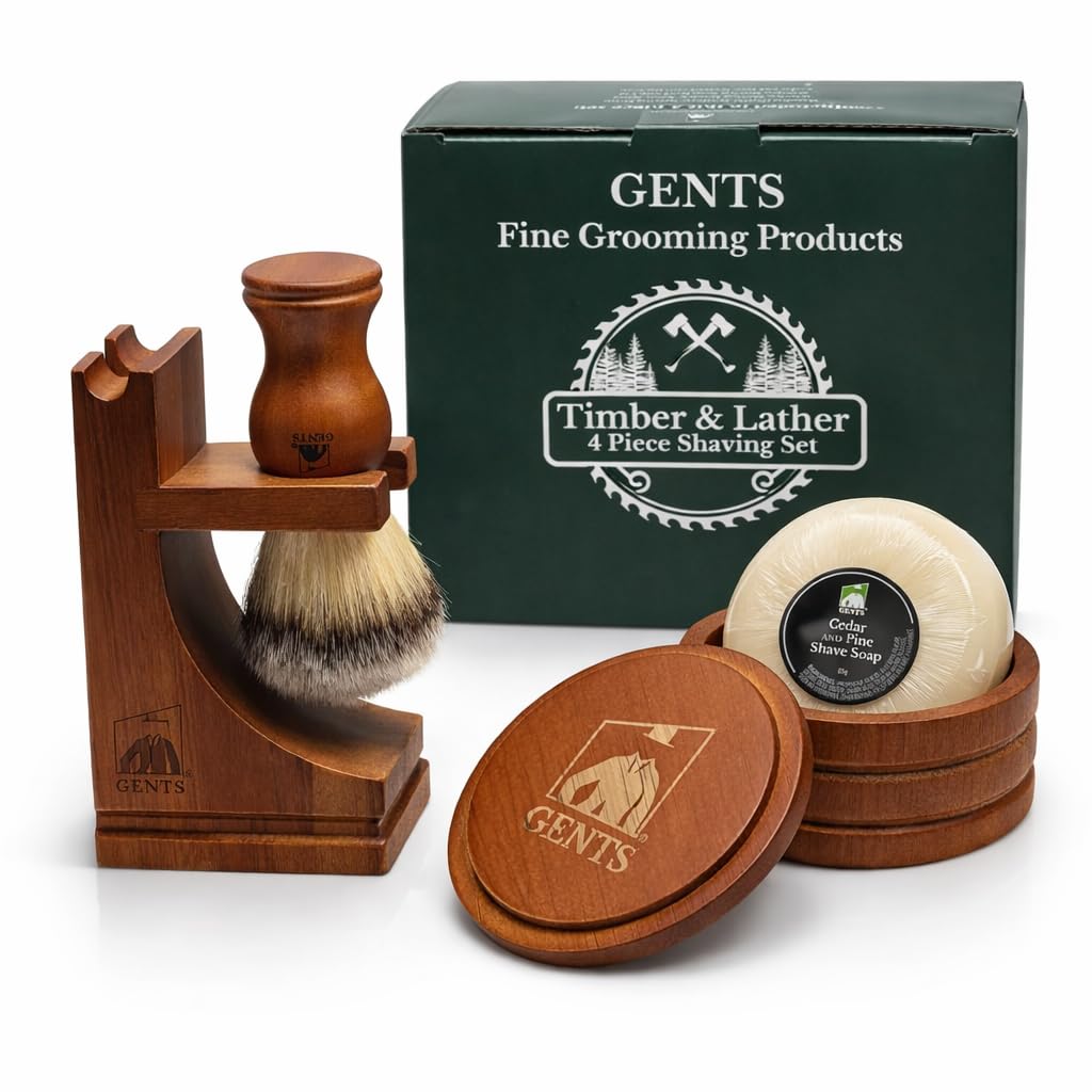 G.B.S GENTS - Set da barba classico da uomo, in legno, con supporto in legno e ciotola per sapone da barba da 8,9 cm di diametro