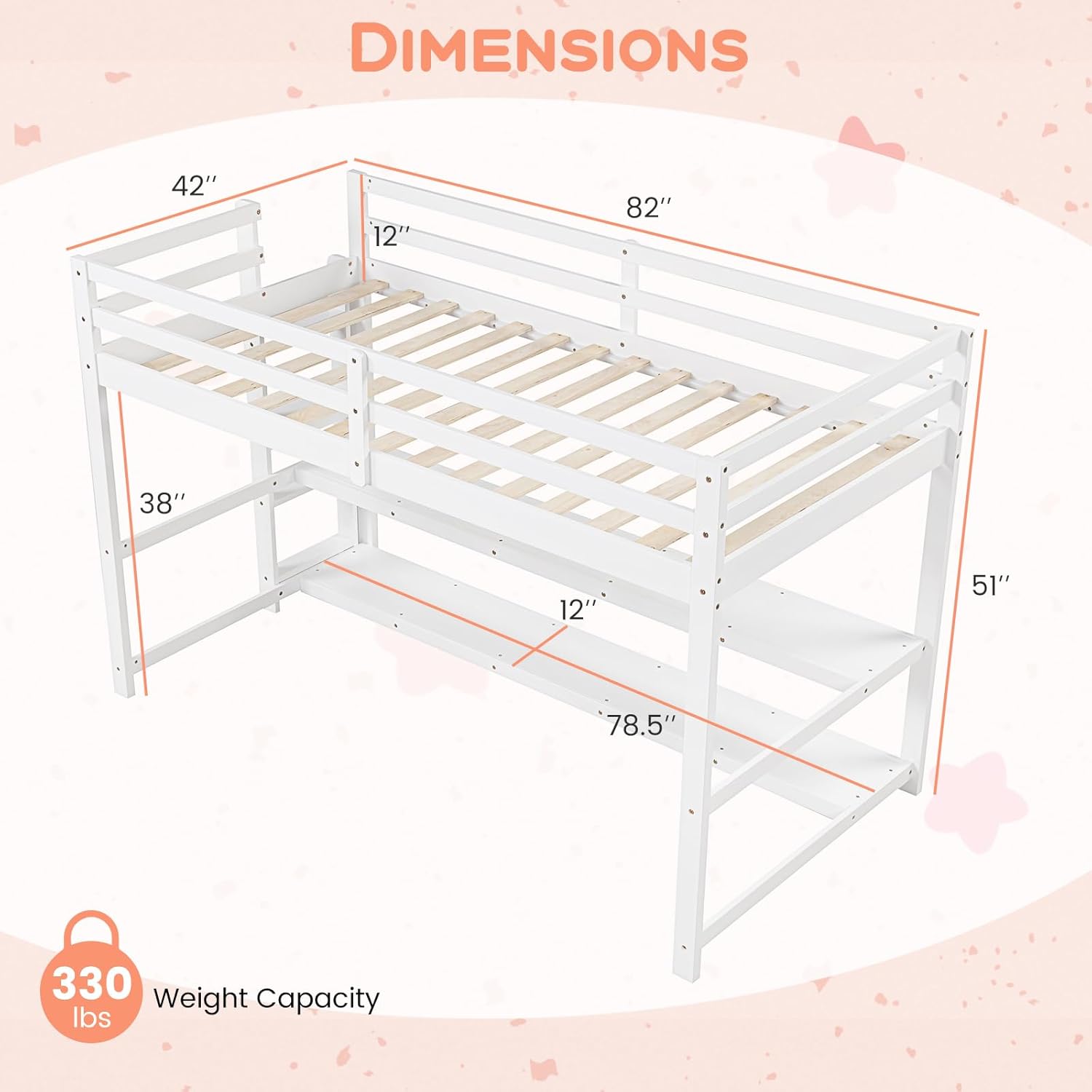 Diagram showing the dimensions of the Giantex Twin Low Loft Bed