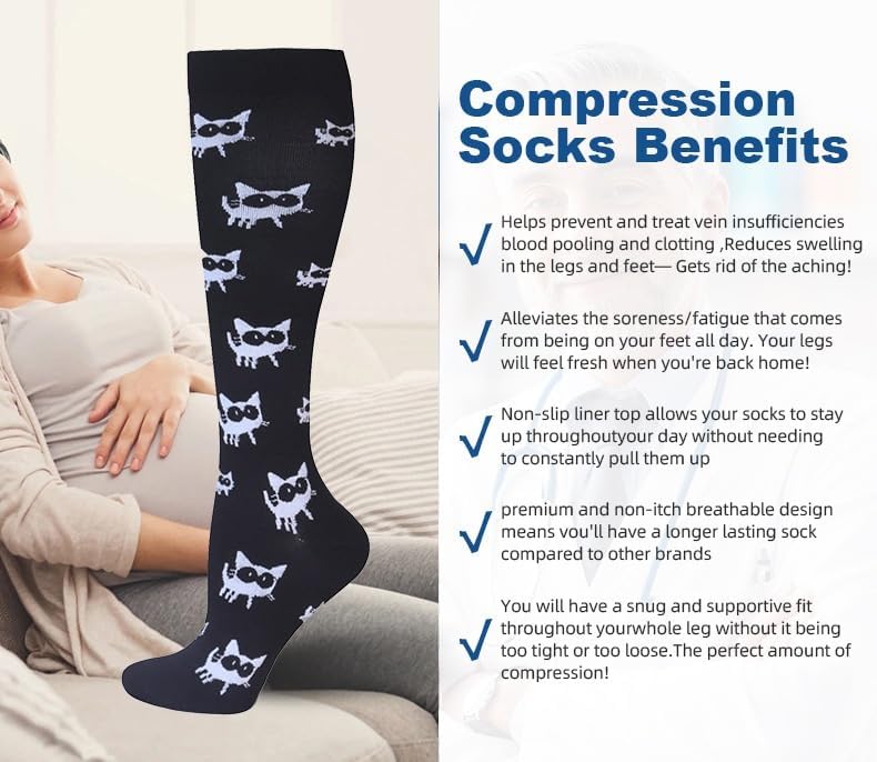 6-Pair Long-Cut Compression Socks - Quick-Drying, Moisture-Wicking Nylon Running and Yoga Socks