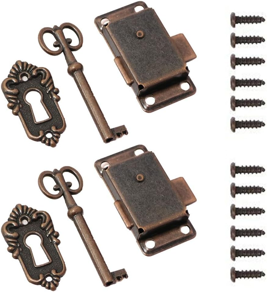 2 Set Antique Cabinet Door Lock with Key, Vintage Drawer Latch for Wooden Jewelry Chest Box, Small Trunk Hasp Hardware, Red Bronze Metal Furniture Locks