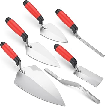 6 Pcs Masonry Hand Tools Set Includes 11" Brick Trowel, 2 Pointing Trowels, 5" Margin Tool, 11.5" Tuck Pointing Tool, and 5/8" x 1/2" Convex Brick Jointer