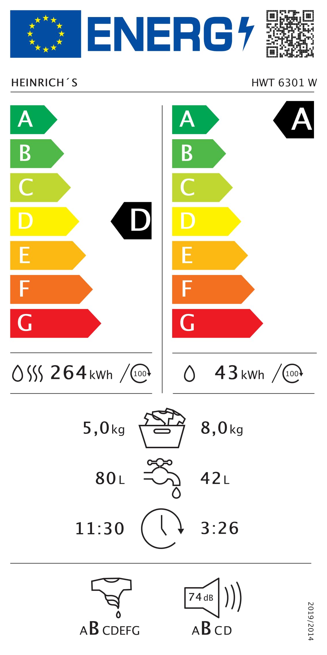 HEINRICHS Waschtrockner, 2in1 Waschtrockner, 8KG Waschen + 5KG Trocknen,1400 U/min, 15 Programme, Express Programm 15 min, Steam-Refresh, AquaStop, Edelstahl-Trommel, mit Kindersicherung, Effizient