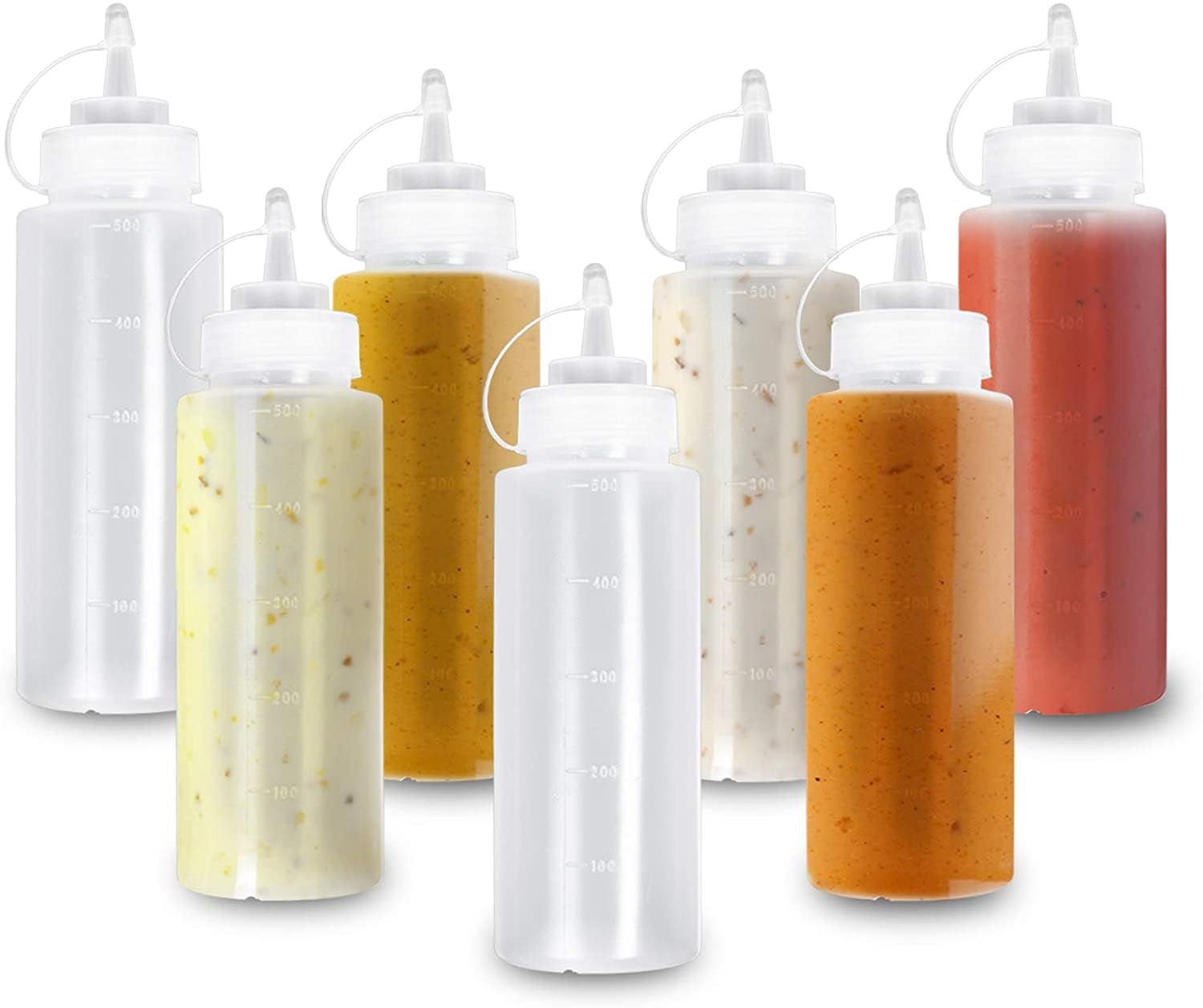 MATANA 16 Large Plastic Squeeze Sauce Bottles with Nozzles, 500ml - Condiments, Sauces, Ketchup, Dressings, Mustard, Olive Oil - BPA-Free & Dishwasher Safe