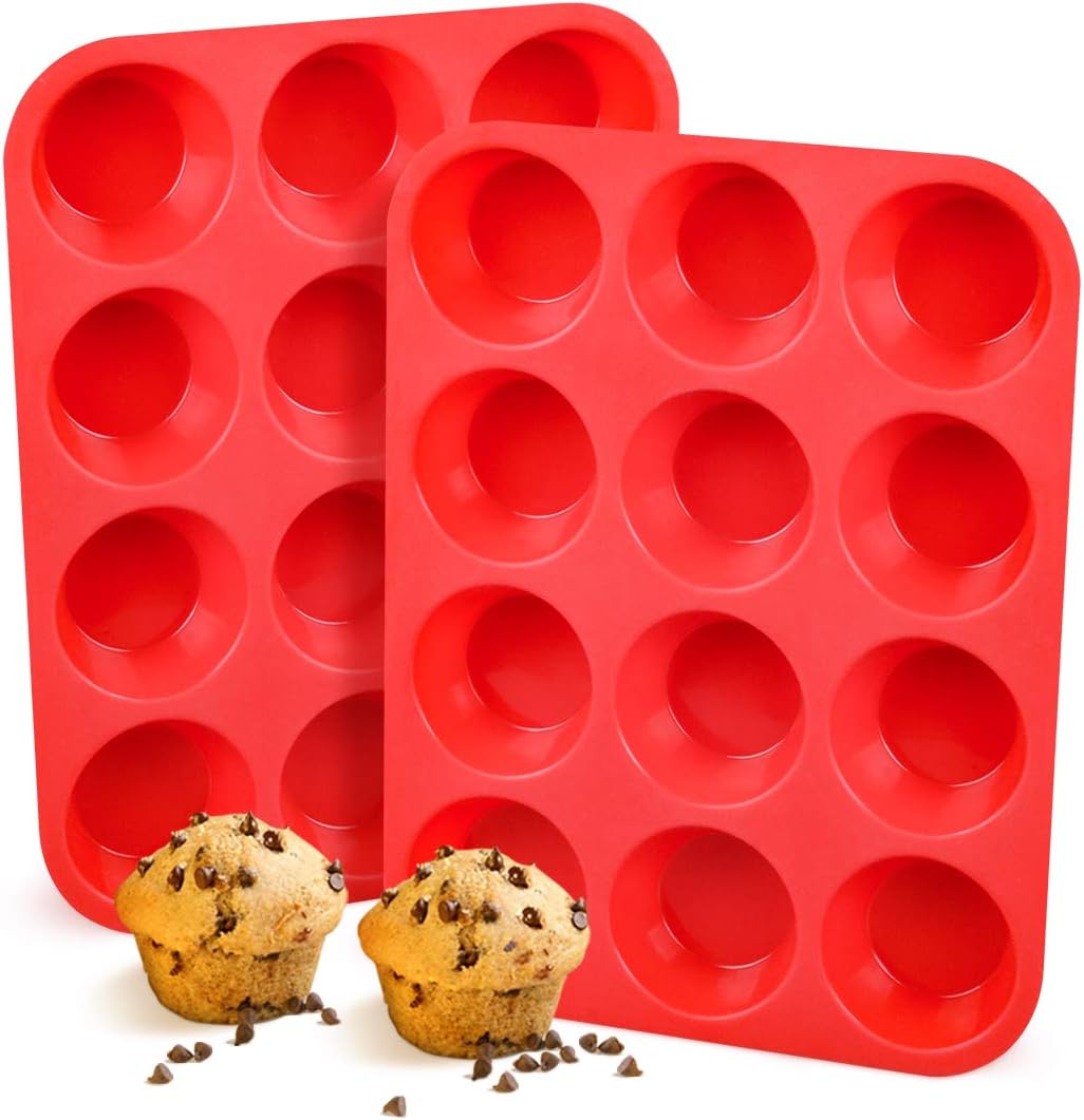 Silicone Muffin Pan, European LFGB 12 Cups Cupcake Pan, 2-Pack Muffin Tin for Muffin, Cupcake, Fat Bomb, Egg Muffin, 100% Food Grade Silicone Molds