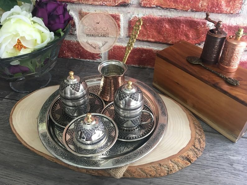 OHVVGN Turkish Coffee Set, Turkish Coffee Cups and Copper Coffee Pot