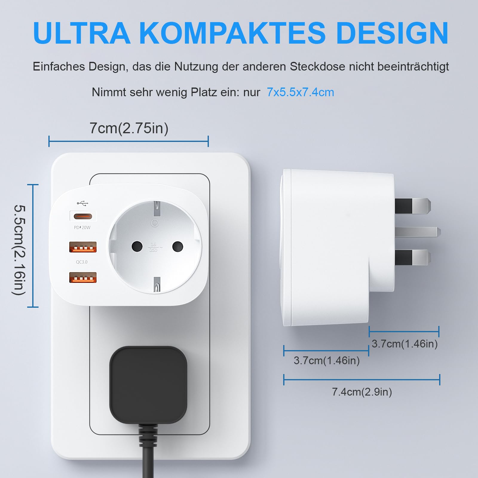 7in1 Reiseadapter UK – Mit 3 USB, 1 USB-C & 3 Steckdosen, Für England, Irland, Dubai Uvm., Bis 4000W