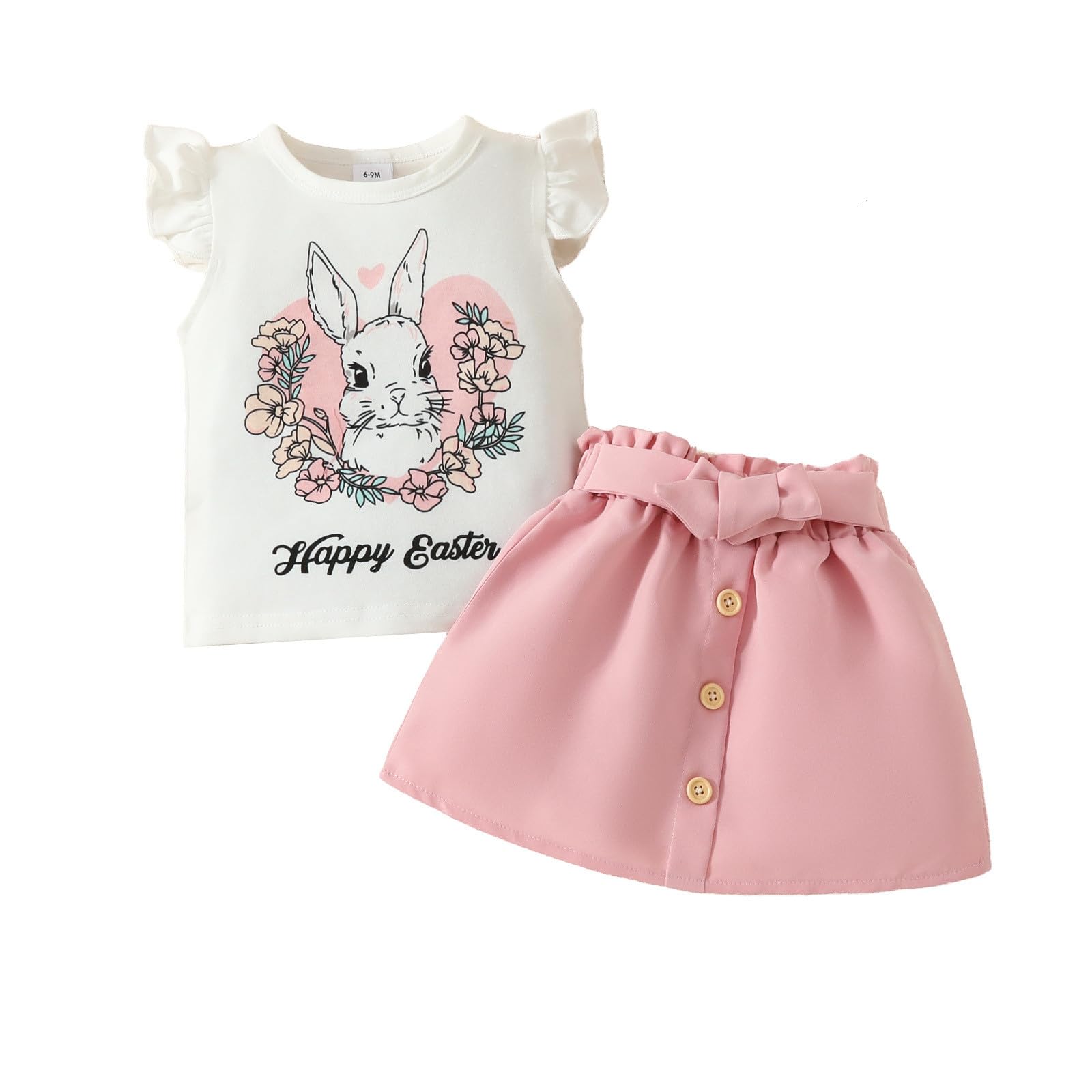 Ensemble 2 Pièces été Pour Fille - Haut Manches Volantes Et Short Imprimé Lapin De Pâques