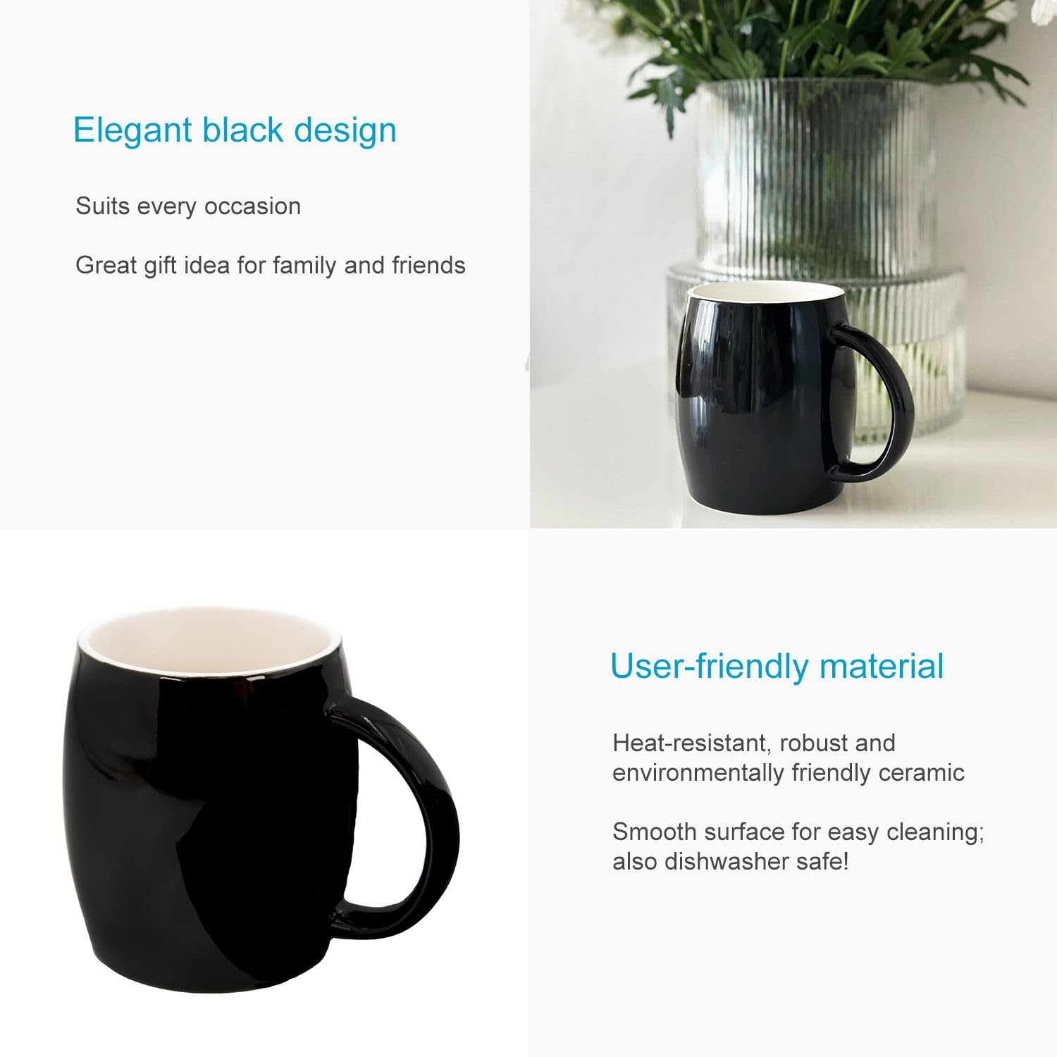 INTIRILIFE 6x tazza con manico in ceramica nera - 400 ml - tazza per caffè tè cappuccino lavabile in lavastoviglie idea regalo per amici o colleghi di famiglia