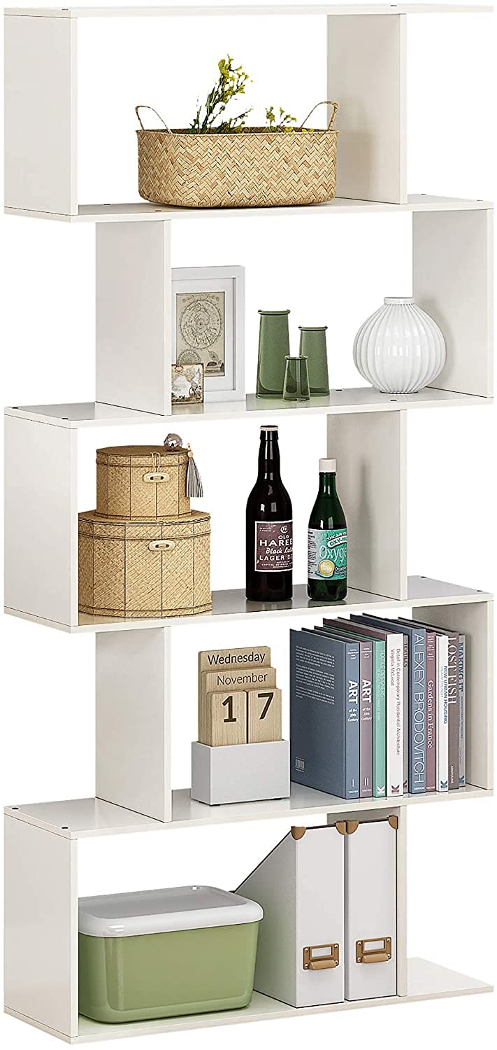 JEROAL Wood Modern Bookshelf, 5 Tier Geometric Bookcase, White Tall Bookshelf, Cube Display Cabinet,freestanding Storage Shelving for Bedroom, Living Room, Office