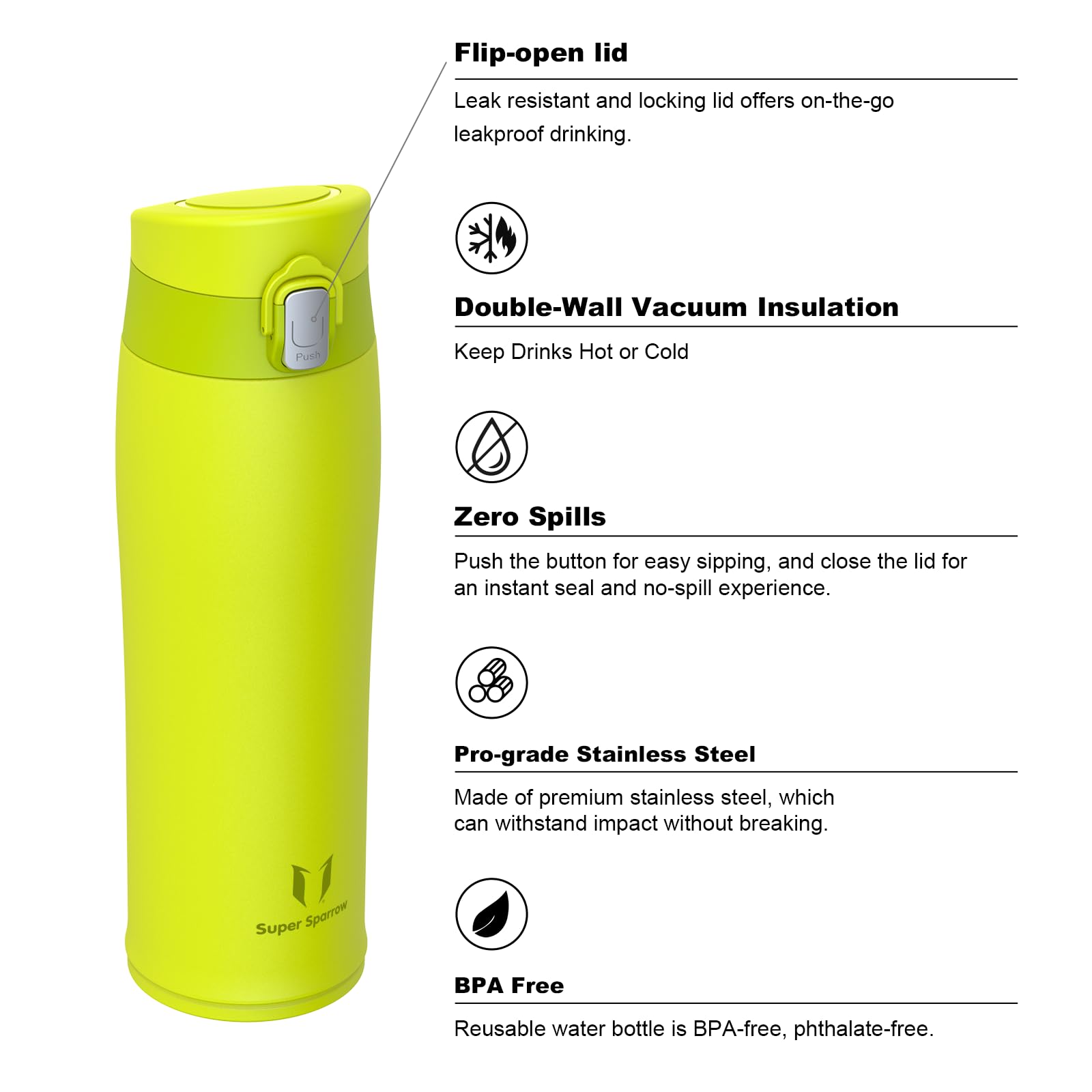 Super Sparrow Borraccia Termica, Acciaio Inox Bottiglia Termica - 350ml, 500ml, 750ml - Senza BPA Tazza Termica, Borraccia Termica per Bambini, Scuola, Sportiva, Bici, Campeggio, Palestra