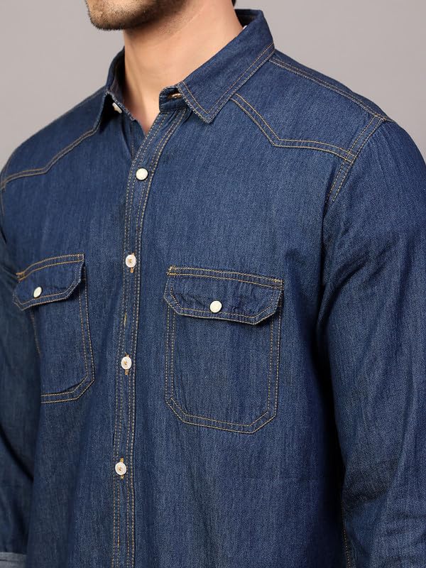 Image of Men's Denim Shirt with Regular Fit Solid Pattern Long Sleeve Collared Neck and Button Down Closure|Men Denim Shirt