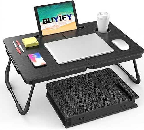 BUYIFY Escritorio plegable para laptop para sofá, mesa de escritorio grande con soporte para tazas y ranura para tableta, soporte portátil para