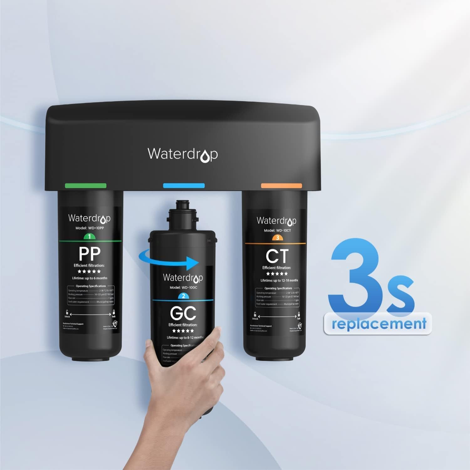 Waterdrop WD-10GC Filtro Acqua Sottolavello, Ricambio per Waterdrop TSA & TSB 3 Stadi Depuratore Acqua Domestico per Sotto Bancone