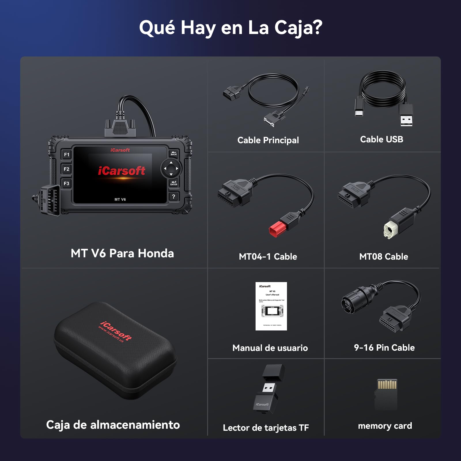 iCarsoft MT V6 para Honda Moto, Herramienta de Diagnosis de Sistema Completo, 7 Servicios, Lector de códigos de Motor con Vin automático, Prueba de batería y actualización de por Vida.
