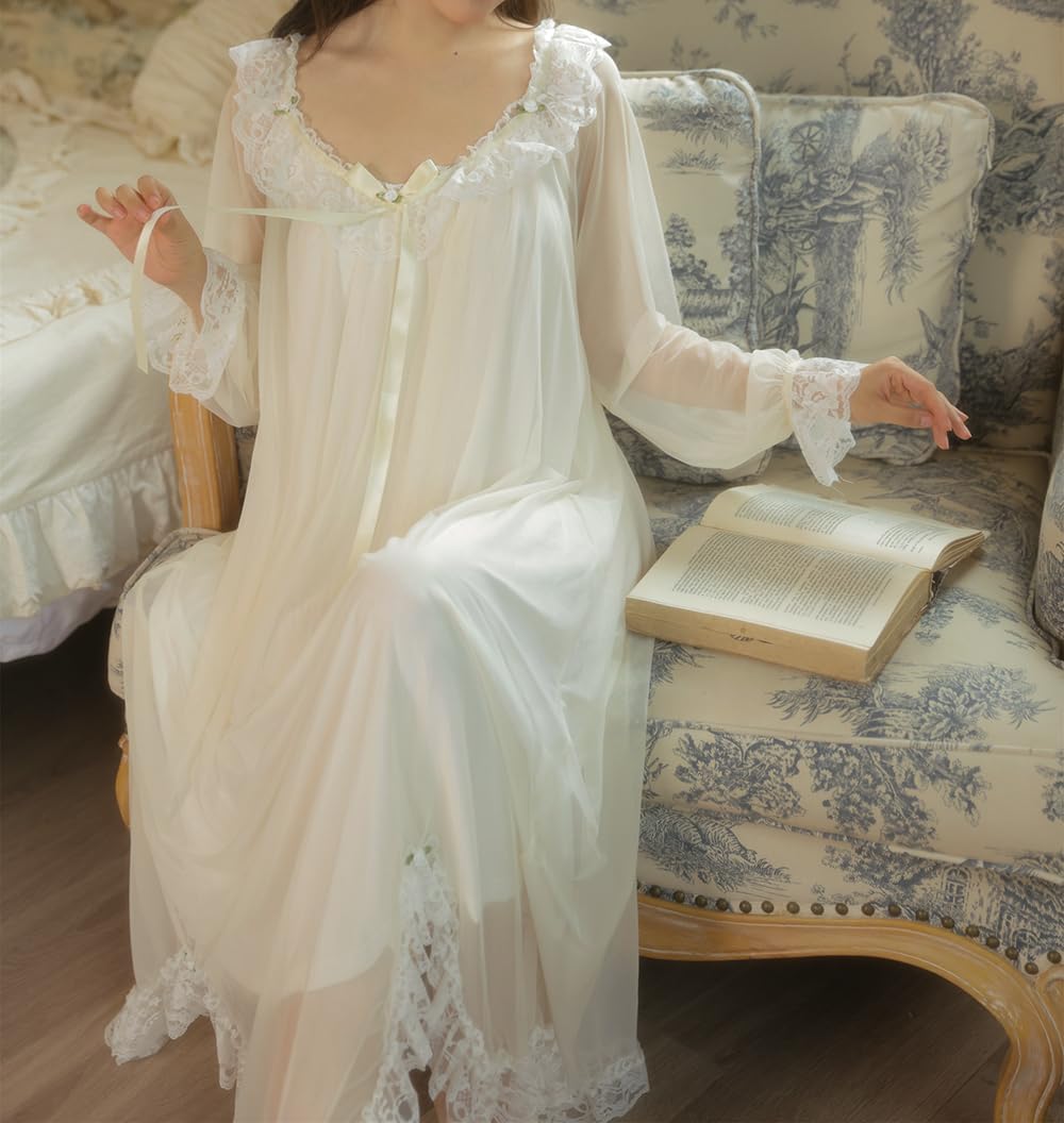 Womens Vintage Nightgown Princess Sleepwear Chemises Mesh Long Sleeve Lounger Pajamas Nightdress - Image 3