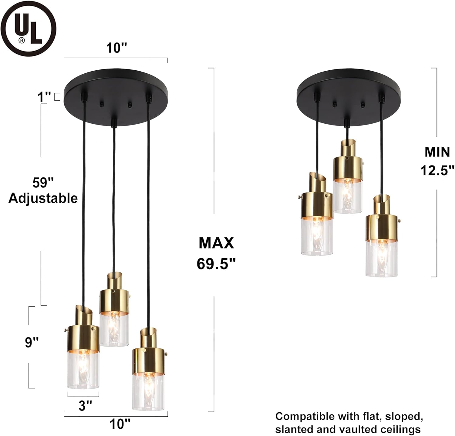 ZEVNI 3 Lights Kitchen Island Lighting, Gold Pendant Light Fixtures with Glass Shade, Dining Room Chandeliers, Adjustable Height Modern Linear Ceiling Hanging Light for Kitchen Island