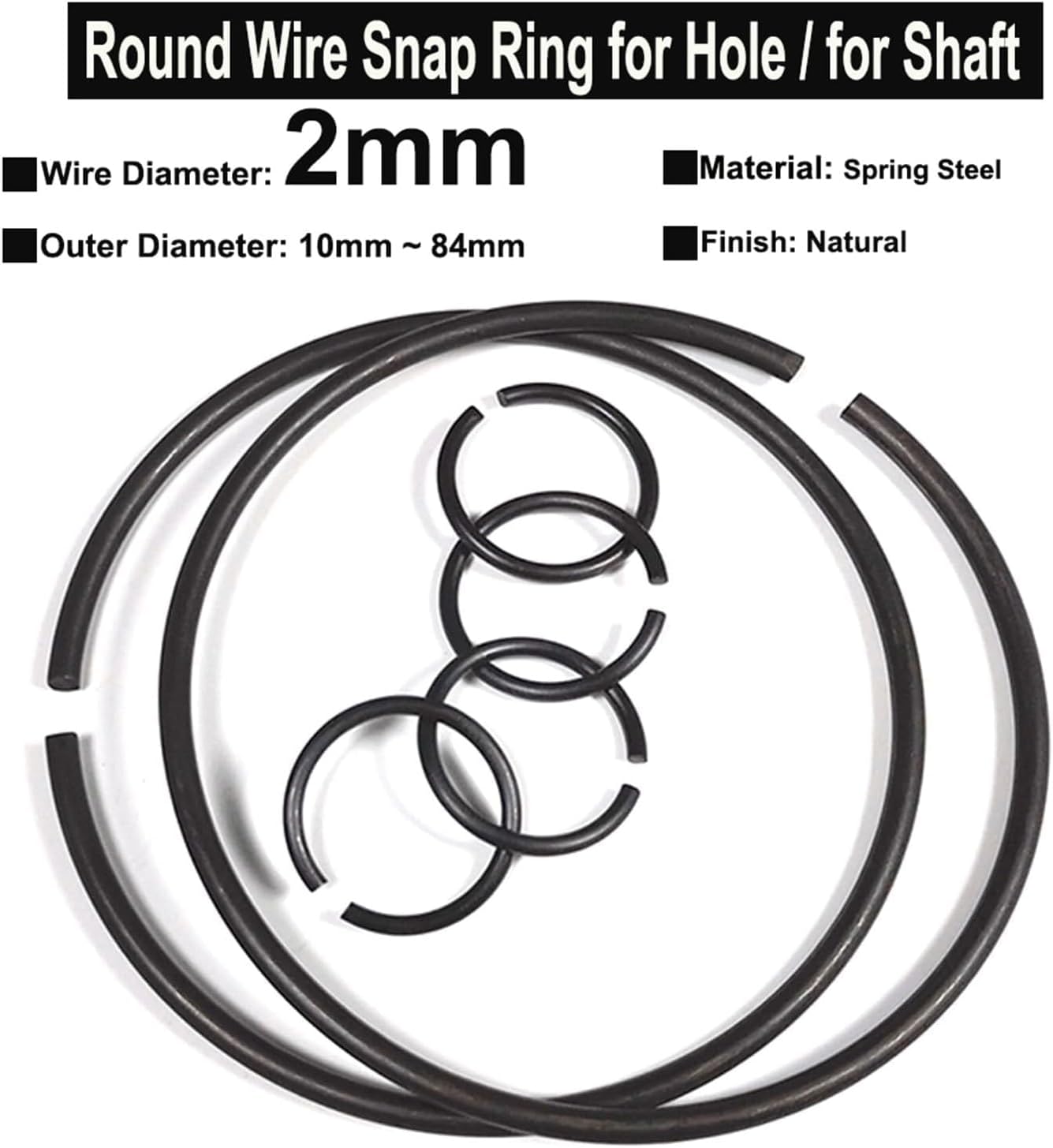 Retaining Rings，Round Snap Ring，10Pcs Wire Diameter φ2mm Spring Steel Round Rings for Hole Retainer Circlips Shaft OD=10mm~84mm(2x48x4)(2x24.9x3)