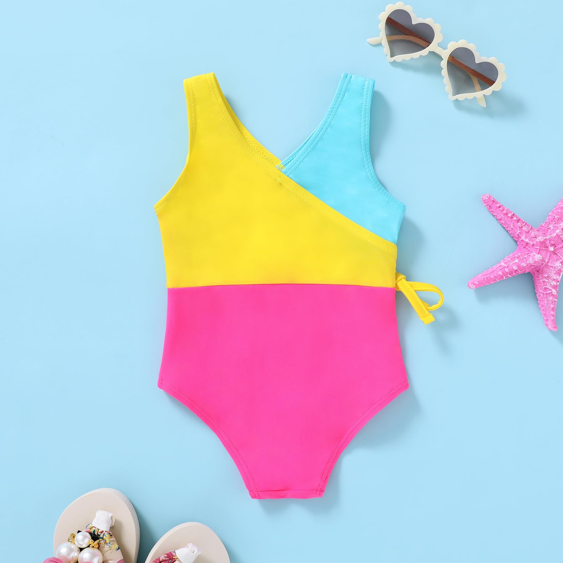 YOUNGER TREE Toddler Girl One Piece Swimsuit Color Block Stripe Swimwear Summer Beach Bathing Suit(Bright Yellow Candy Color Block,4-5T)