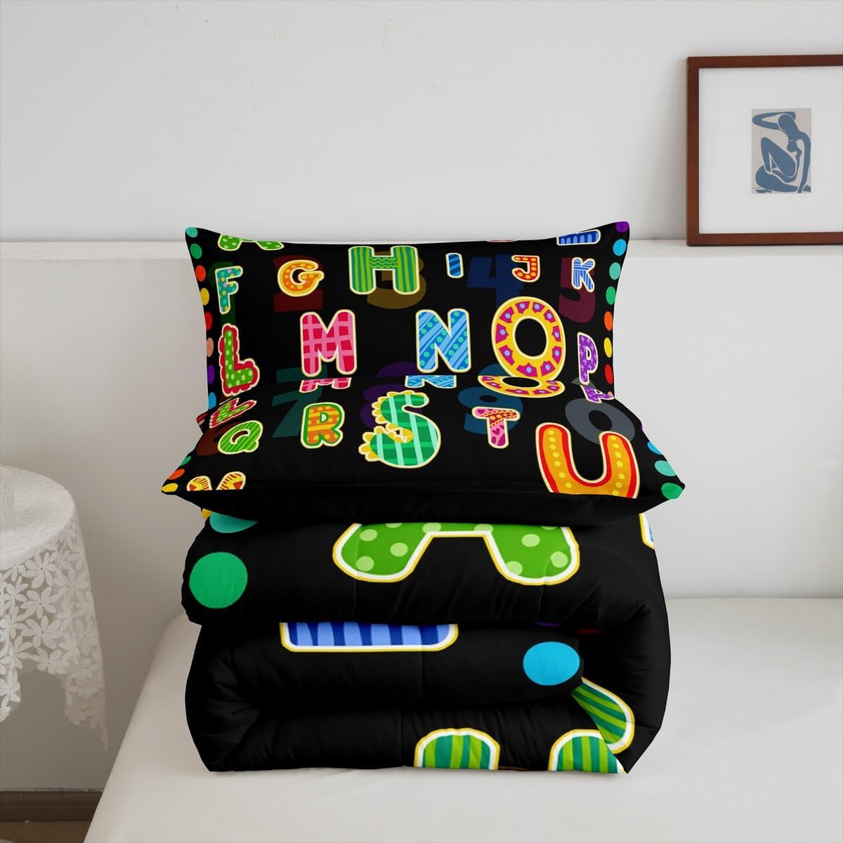 Feelyou Alphabet Colorful Comforter Set for Kids Boys Girls,Twin Size,Educational ABC Alphabet Bedding Set,Early Learning Duvet Quilt,Monogrammed Comforter,Rainbow Dots Bedroom Decor