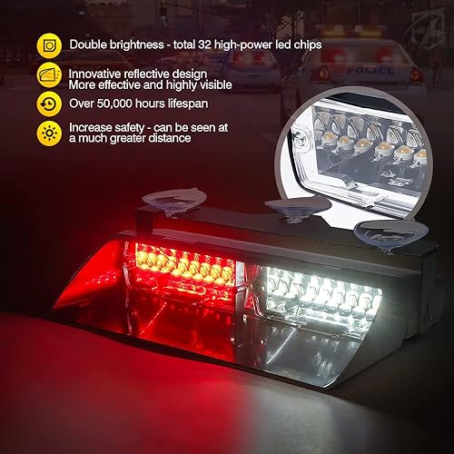 Miniatura 9 de Xprite Luces de advertencia estroboscópicas de emergencia 2 en 1 de alta intensidad con 32 LED para salpicadero de emergencia, luz intermitente para