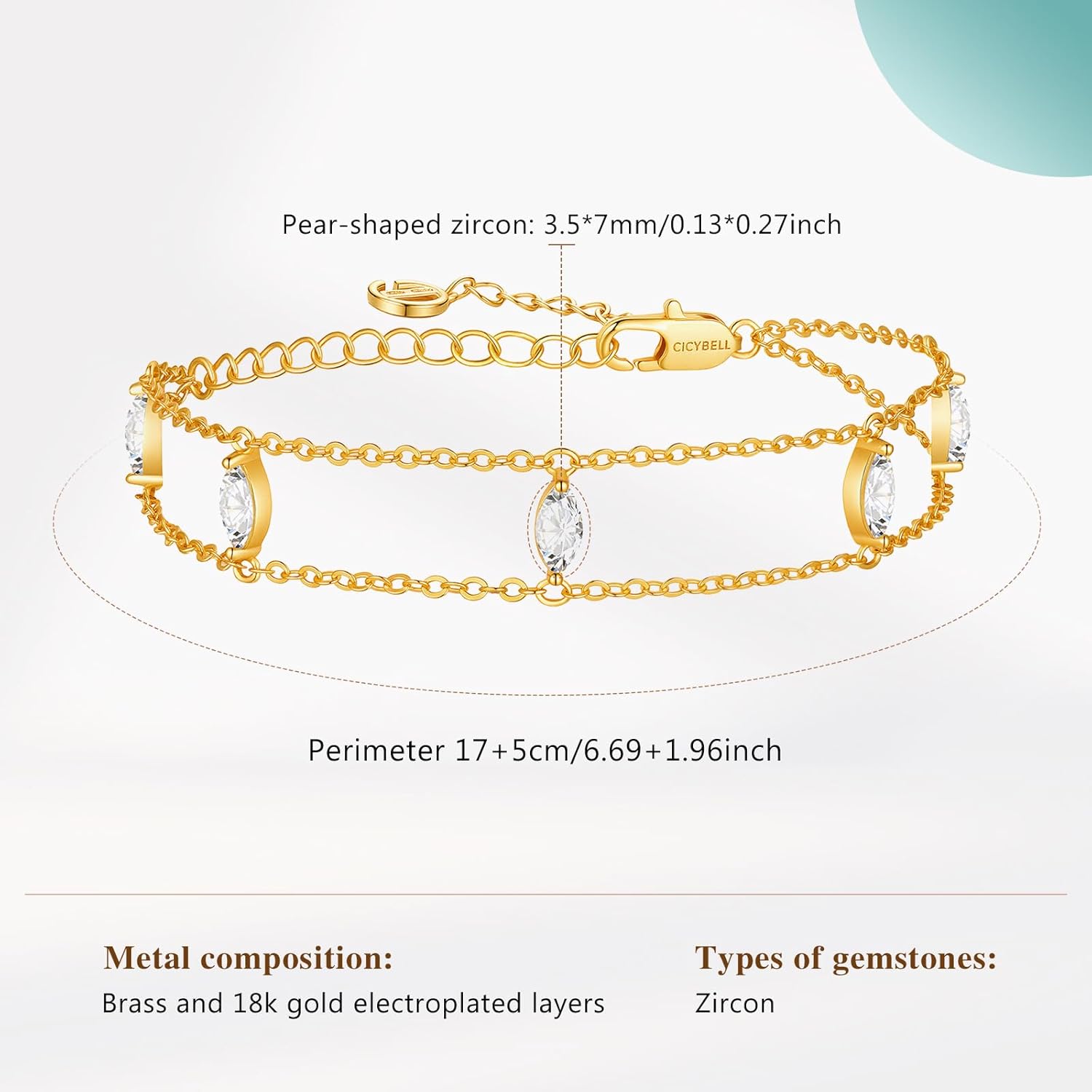 Cicy Bell Womens Bracelets 18k Gold Plated White Shell Cubic Zirconia Square Cross Adjustable Chain Link Bracelets for Women 6.69" with 2" Extender - Image 5