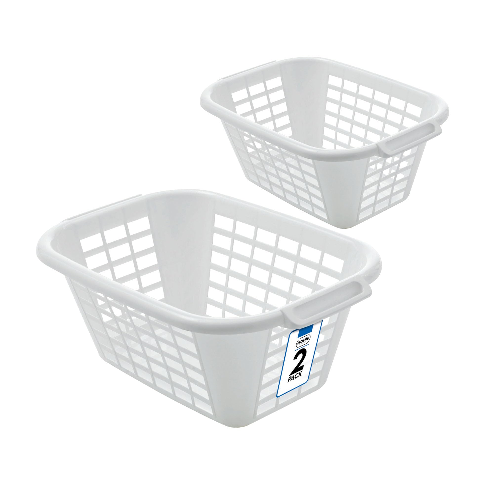 Addis 40L Laundry Basket White, Strong Plastic Washing Basket with Carry Handles, Ventilated Clothes Hamper for Home, Bathroom & Utility, Pack of 2