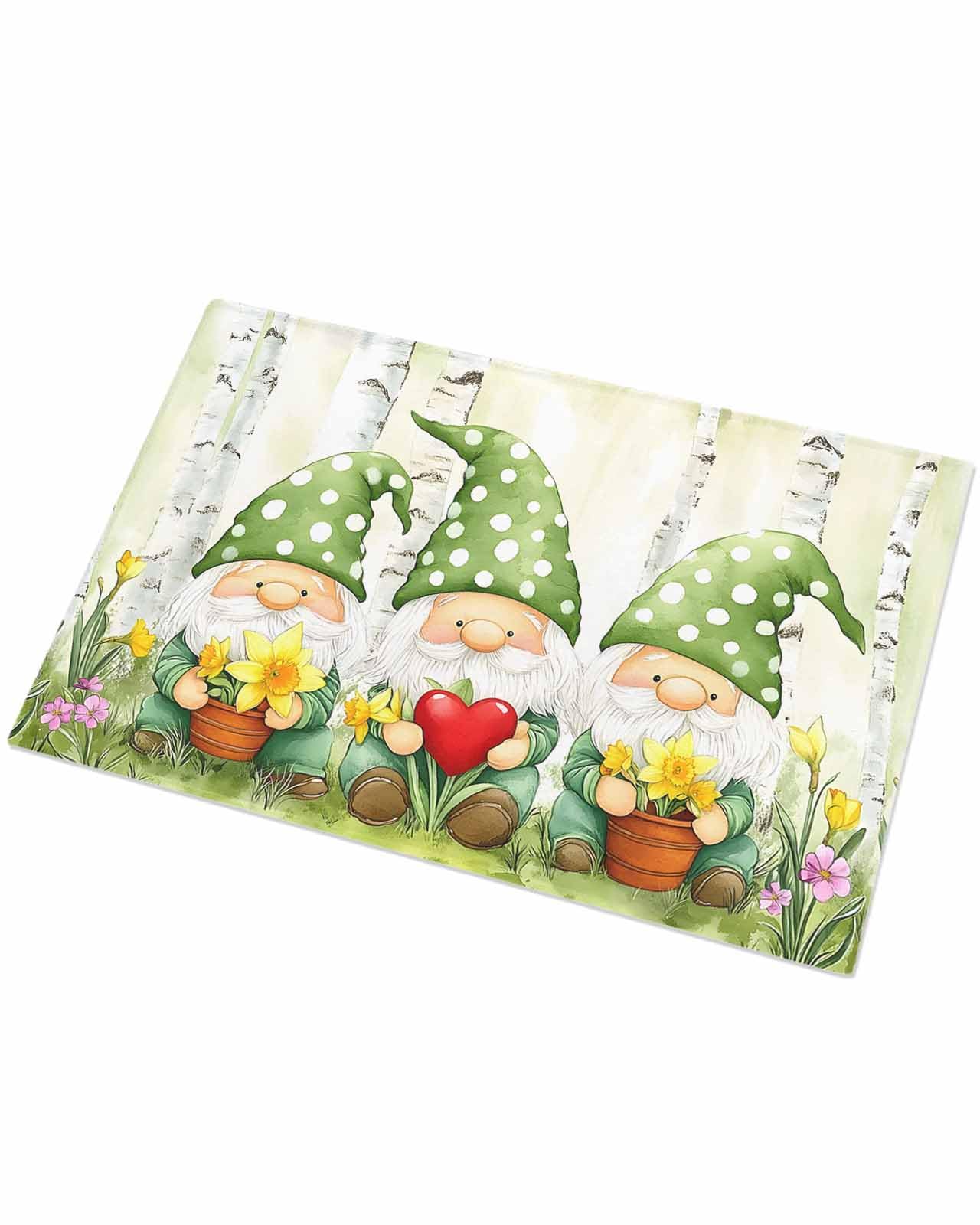 Indoor Doormat Summer Green Gnomes Heart Flower,Shaggy Floor Mat with Non-Skid Backing Watercolor Forest Landscape,Machine Washable Plush Area Rug Carpets for Kitchen Nursery Bedroom
