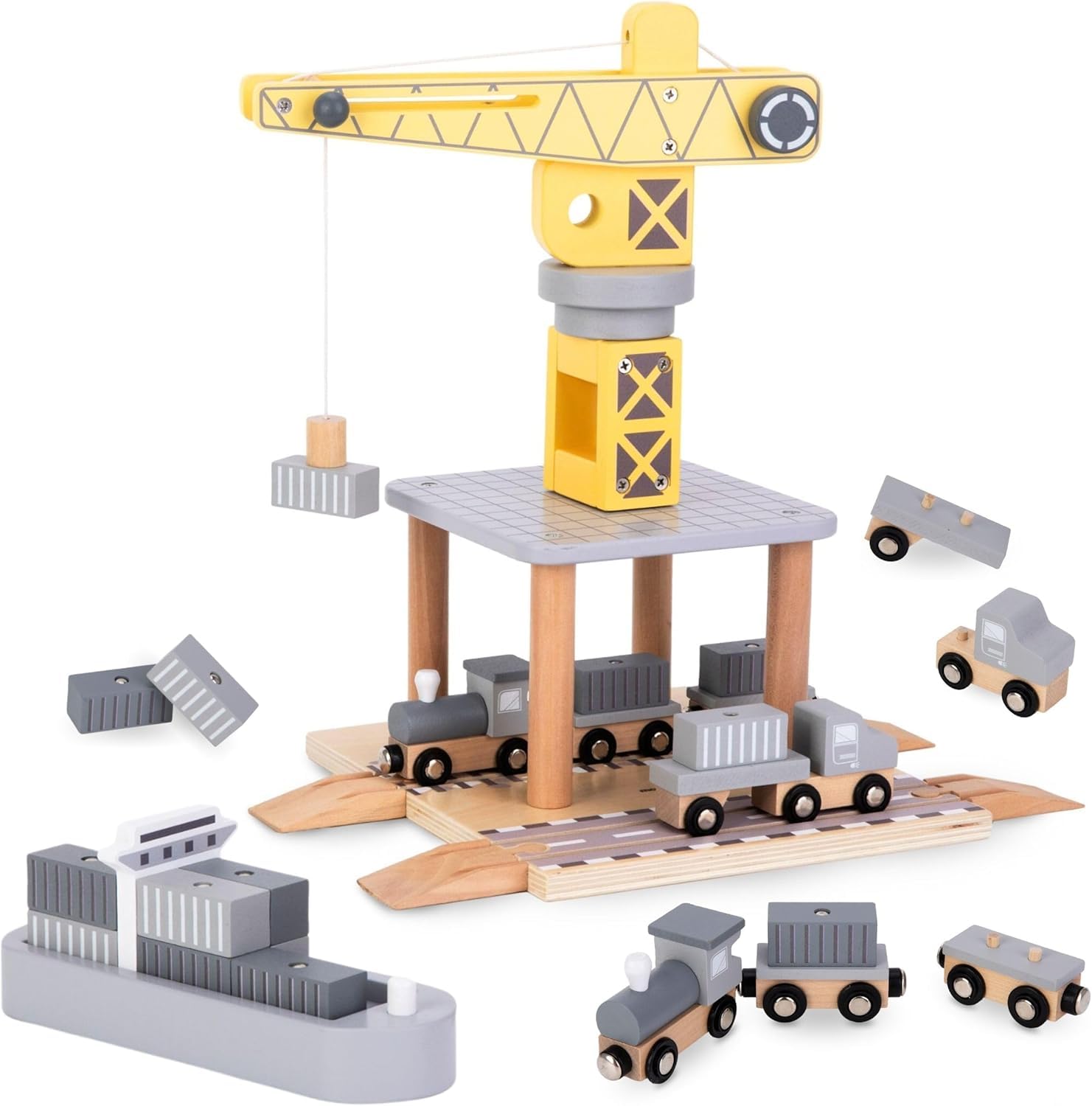 Mamabrum GRÚa Portuaria de Madera con Imán y Accesorios - Juguete Educativo Similar a Lego Duplo - Camiones de Juguete para Niños - Tractor y Remolque 24x34x35cm