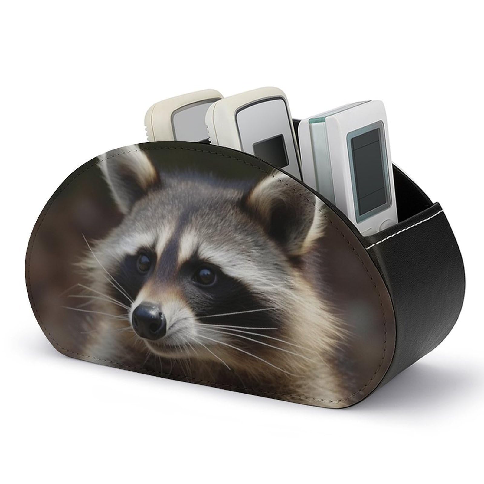NTVOWPZO Raccoon Remote Control Holder with 5 Compartment Organizer Box, Leather TV Remote Holder Organizer Caddy for Table, PU Leather Remote Box for Nightstand Office Desk Storage Box