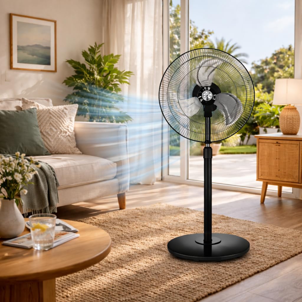 Ventilador de Pie Industrial OSO 80W Potente y Silencioso, 3 Velocidades, Altura Regulable 130 cm, Oscilante, Base Pesada Estable, 3 Aspas Resistentes, Ventilador para Hogar, Oficina, Taller y Terraza