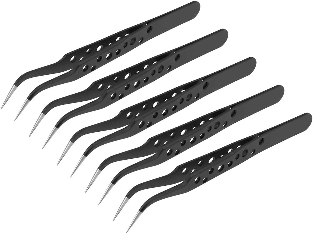 uxcell 9-Hole Anti-Static Tweezer, Stainless Steel Non-magnetic Curved Tip for Craft Jewelry Electronics, 5 Pcs