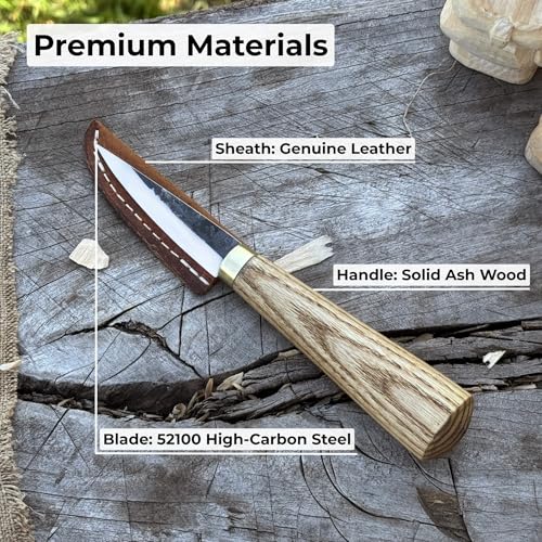 Image of Sharky Whittling Knife - Hand-Forged Sloyd Wood Carving Tool - 2.95 in (7.5 cm) Blade with Leather Sheath - Professional Whittle Knife for Fine Detail & Rough Cuts
