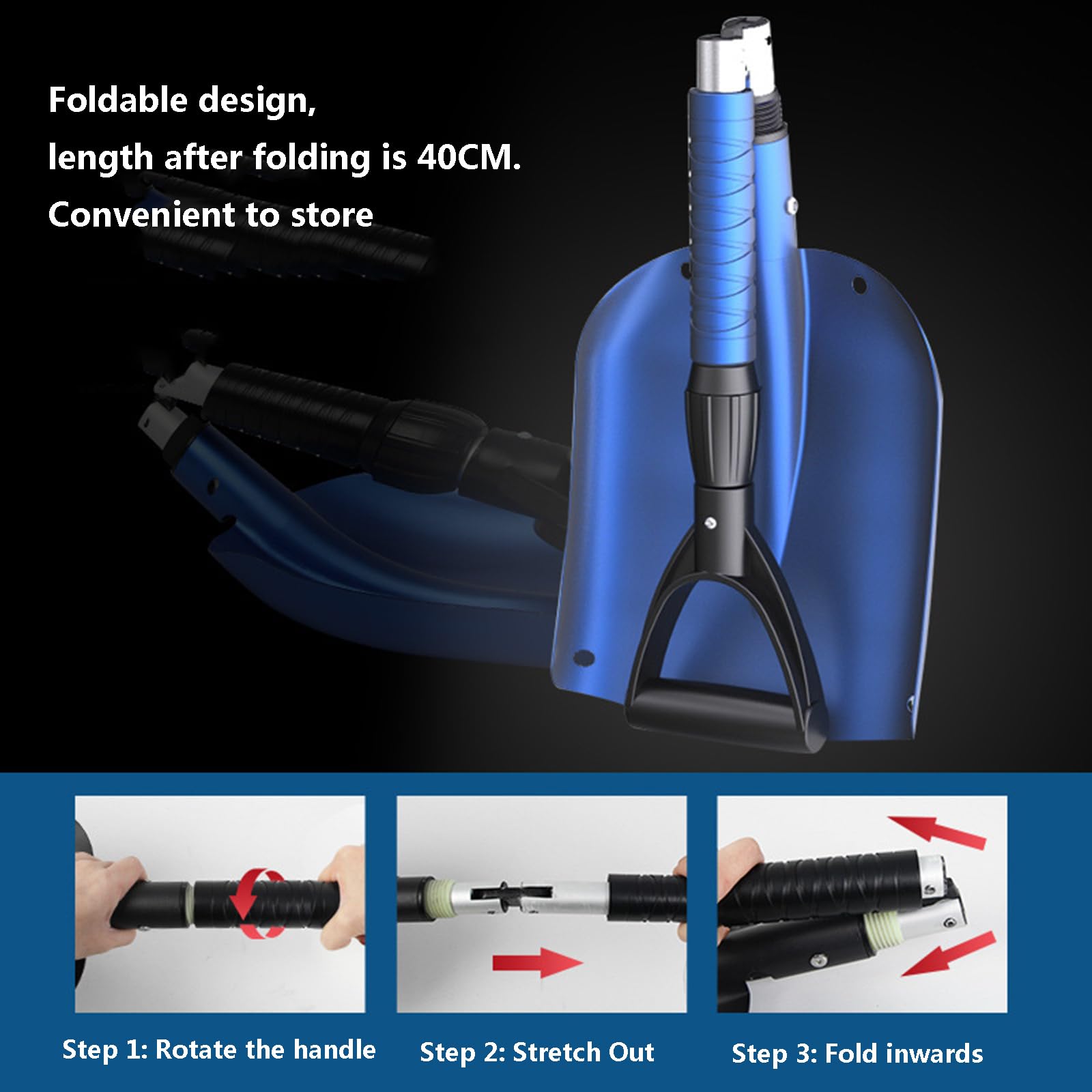JOCHEN Pala de Nieve Plegable para Coche, Pala quitanieves portátil de Emergencia con Mango ergonómico en Forma de D y Mango retráctil de Aluminio para Maletero de Coche, Motos de Nieve, Camping
