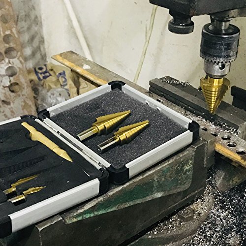 CO-Z HSS 5PCS Titanium Step Drill Bit Set with Automatic Center Punch, 50 Sizes in 5 High Speed Steel Drill Bits Set for Sheet Metal with Aluminum Case, Multiple Hole Stepped Up Bits for DIY Lovers