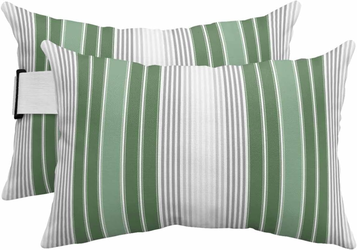 Pack of 4 Outdoor Lumbar Pillow Covers, Sage Green Stripes Waterproof Throw Pillow Covers Set, Farmhouse Minimalist Abstract Lines Outdoor Decorative Cushion Case for Patio Beach, 12x20 Inch